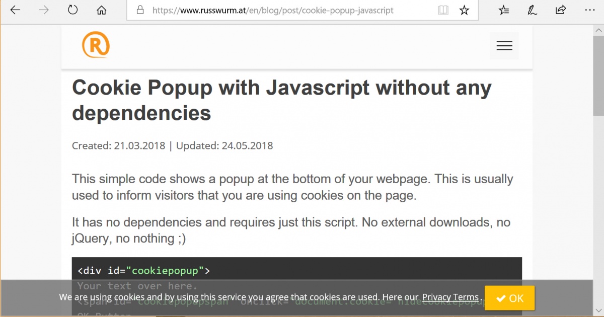 Cookie Popup with Javascript without any dependencies • is ned org